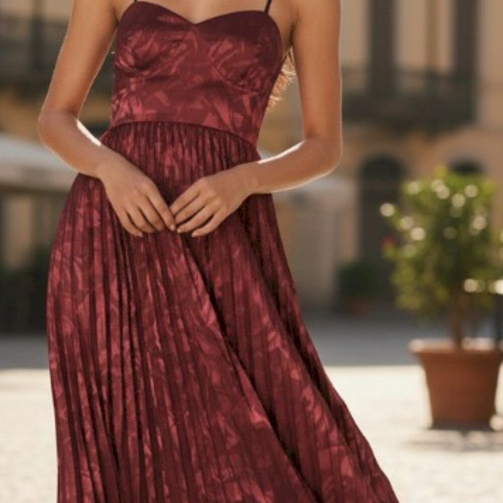 Lulus Chic Sensibility Burgundy Satin Jacquard Pleated Midi Dress Size XL New - Picture 7 of 12